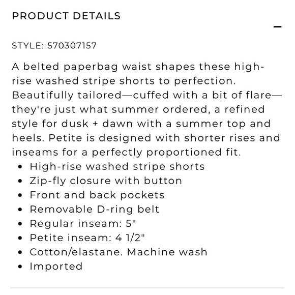 WHBM Pinstripe high-rise, belted paper bag 5” short - Picture 8 of 8